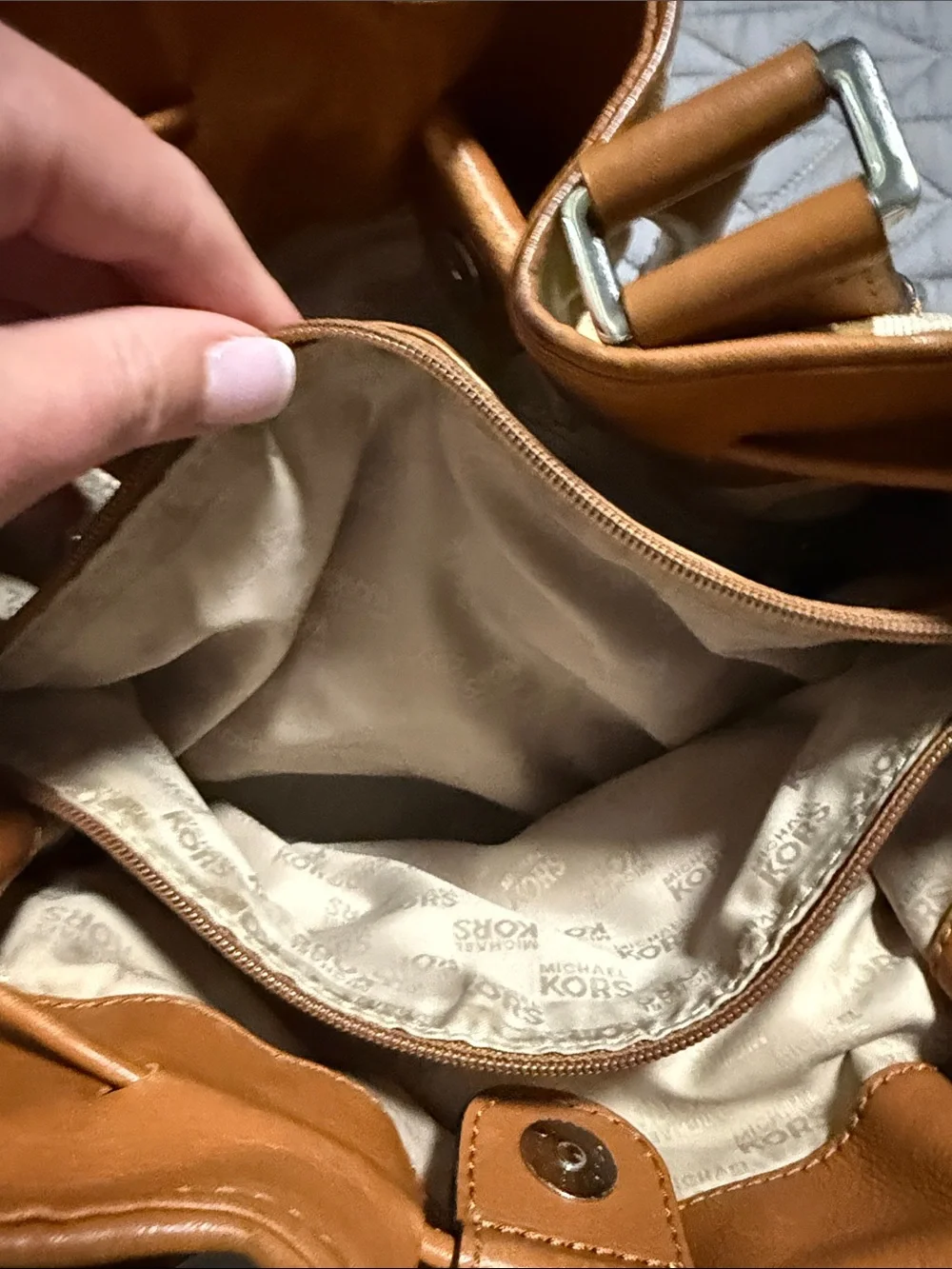 Michael Kors Cream & Tan Logo Satchel with MK Charm